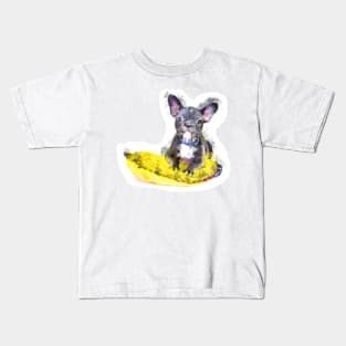 Cute Black And White Bulldog Puppy On A Yellow Cusion Digital Portrait Kids T-Shirt